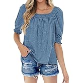 Sovelen Womens Casual Square Neck Puff Half Sleeve Tops Pleated Loose Basic Summer T Shirts Blouses