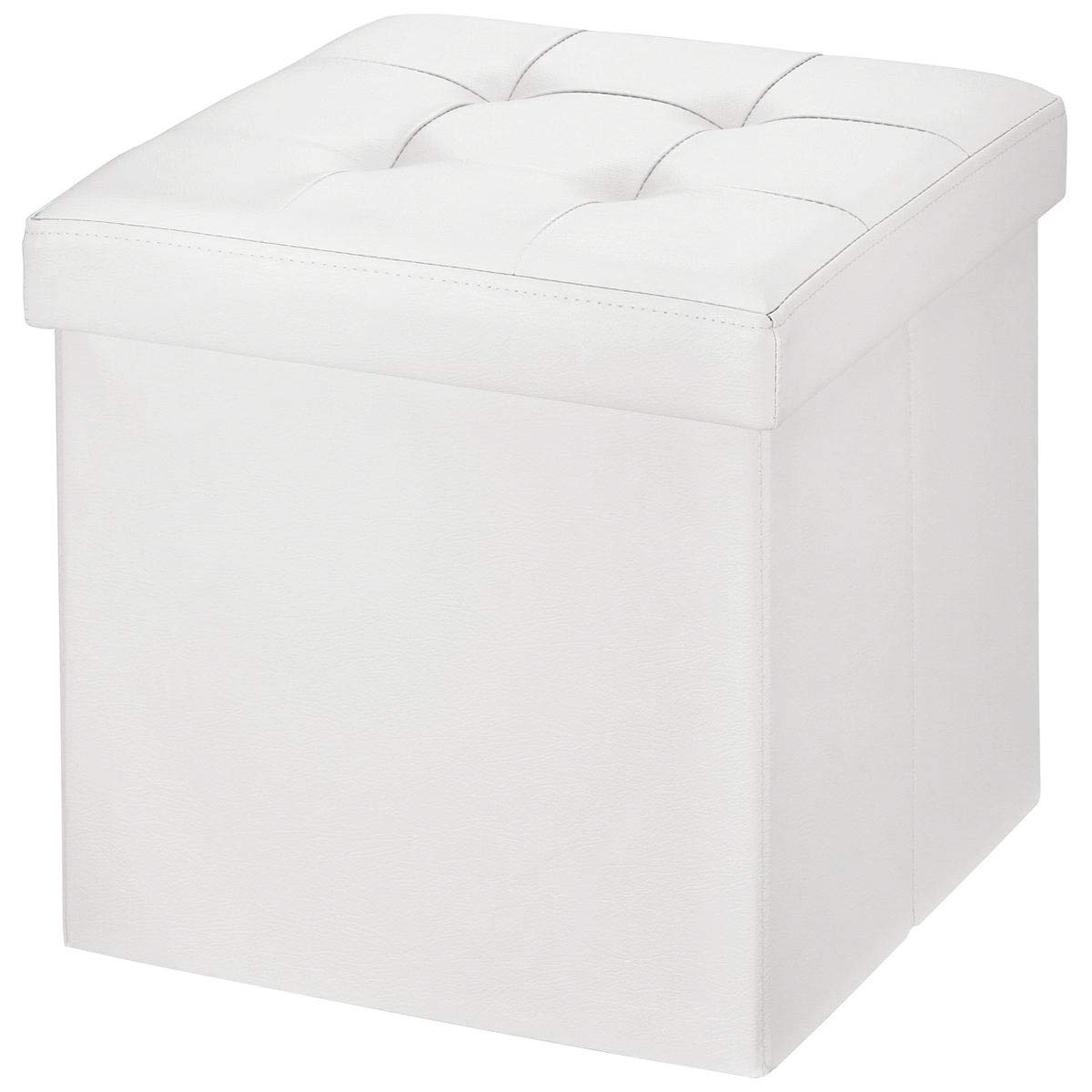 BRIAN & DANY Folding Ottoman Storage Box with Lid, Faux Leather Footstool Toy Storage Box Storage Seat 38 x 38 x 38 cm (White)