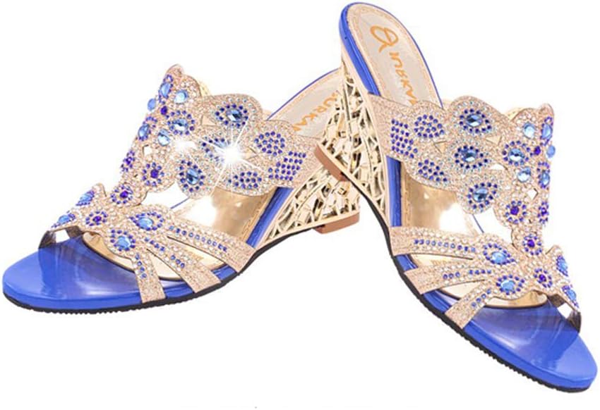 Girllike Women's Crystal Rhinestone Peacock Patterned Handmade Sandals Platform Wedge Dress Sandals Slippers