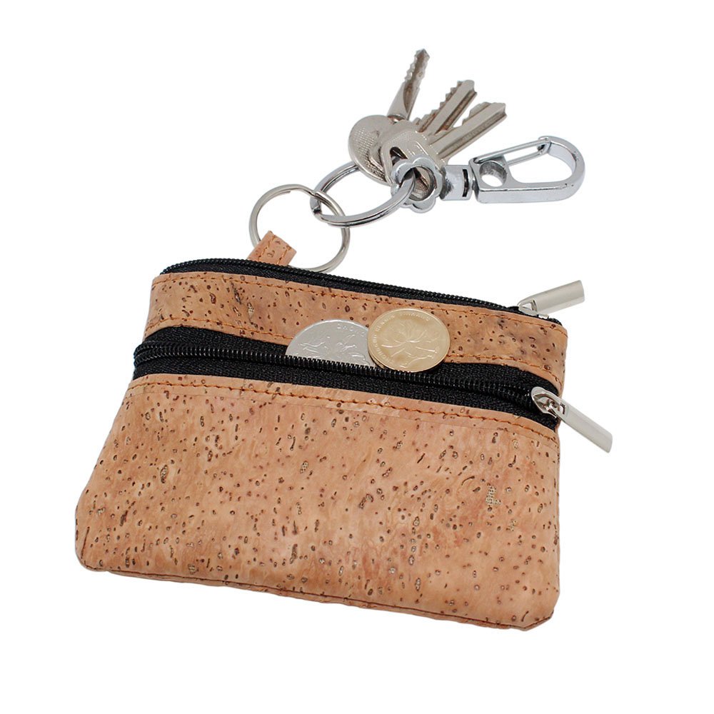 Boshiho Coin Purse Zipper Vegan Cork Coin Pouch Petty Change Holder with Key Ring (Tan)(Size: 4.3 x 3.3 x 0.2 inch)