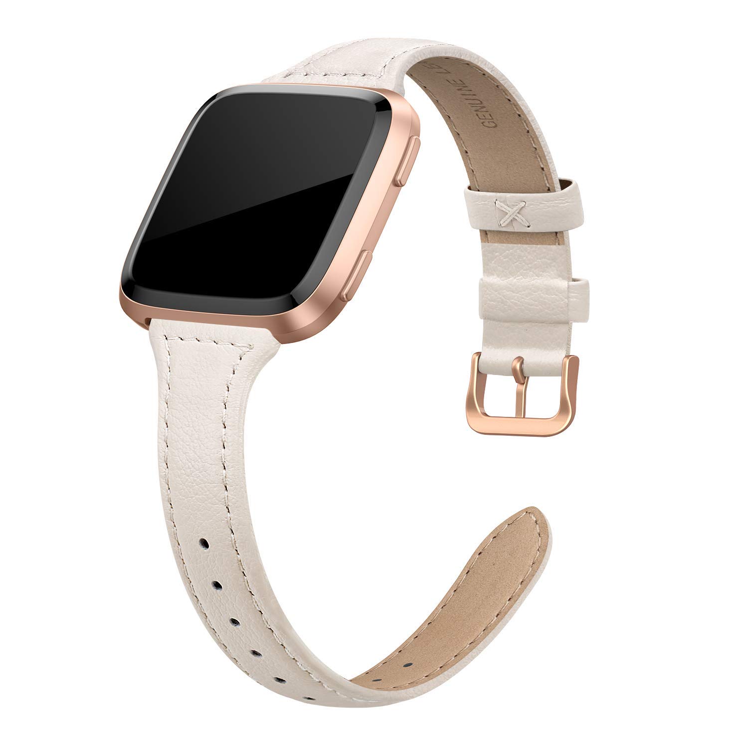 EDIMENS Genuine Leather Strap Compatible with Fitbit Versa 2 / Fitbit Versa Lite & SE/Fitbit Versa, Slim Thin Replacement Leather Strap for Versa Women Men (Beige)