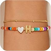 Eaciy Easter Gifts for Kids Girls - Colorful Initial Bracelets for Women 14K Gold Plated Heart Initial Letter Daint A-Z Charm Bracelet Summer Jewelry Teen Girl Gifts for Teen Kids