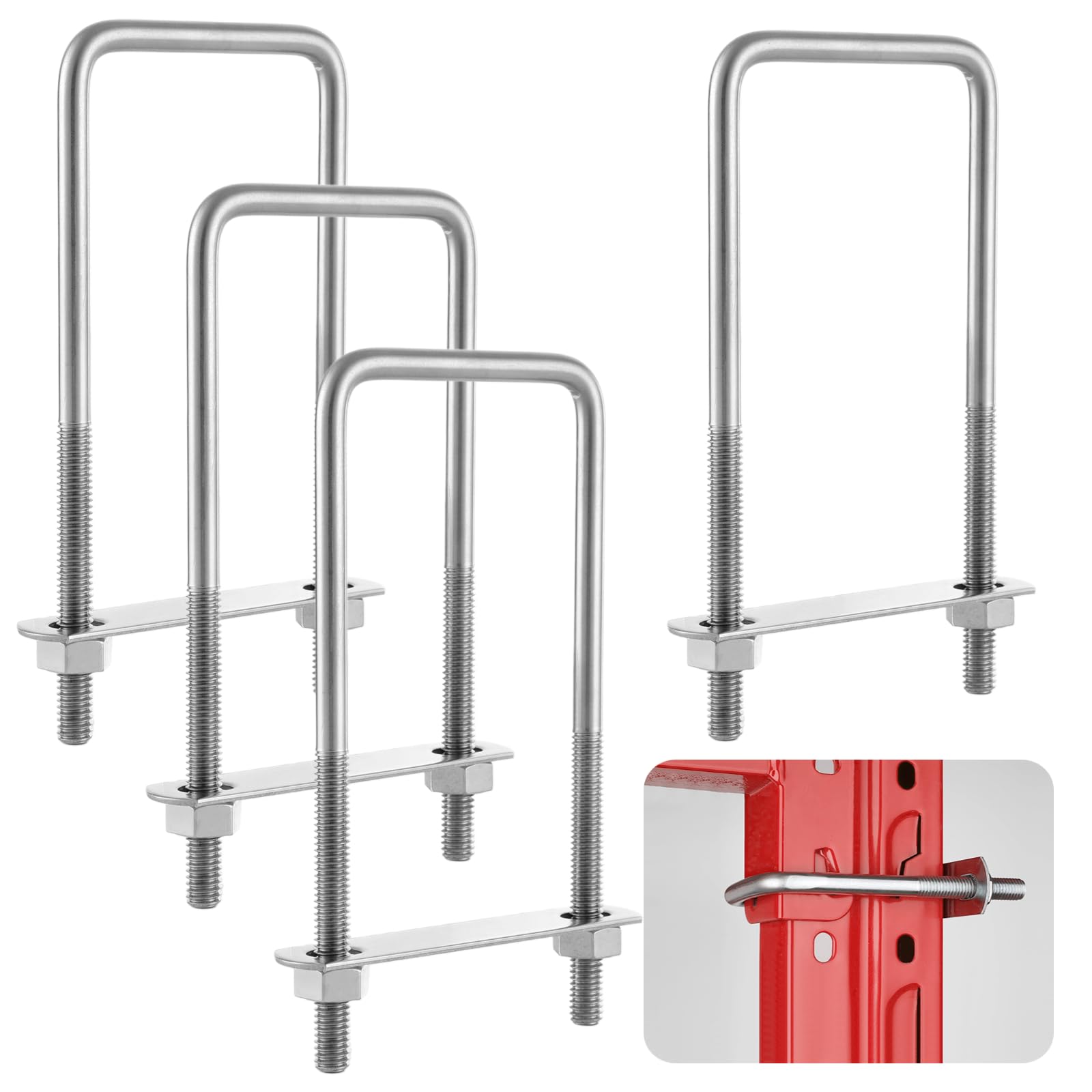 4 Pcs Square U Bolts, 3/8"×3"×7" Stainless Steel U Clamp Bolts with Nuts and Frame Plates, Sturdy Square U Bolts for Boat Trailer, Tube