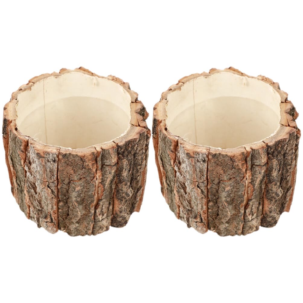 Yardwe 2PCS Wood Bark Flower Pot Rustic Succulent Planter Pot Farmhouse Log Planter Flower Container Bucket 9 x 9 x 8 cm