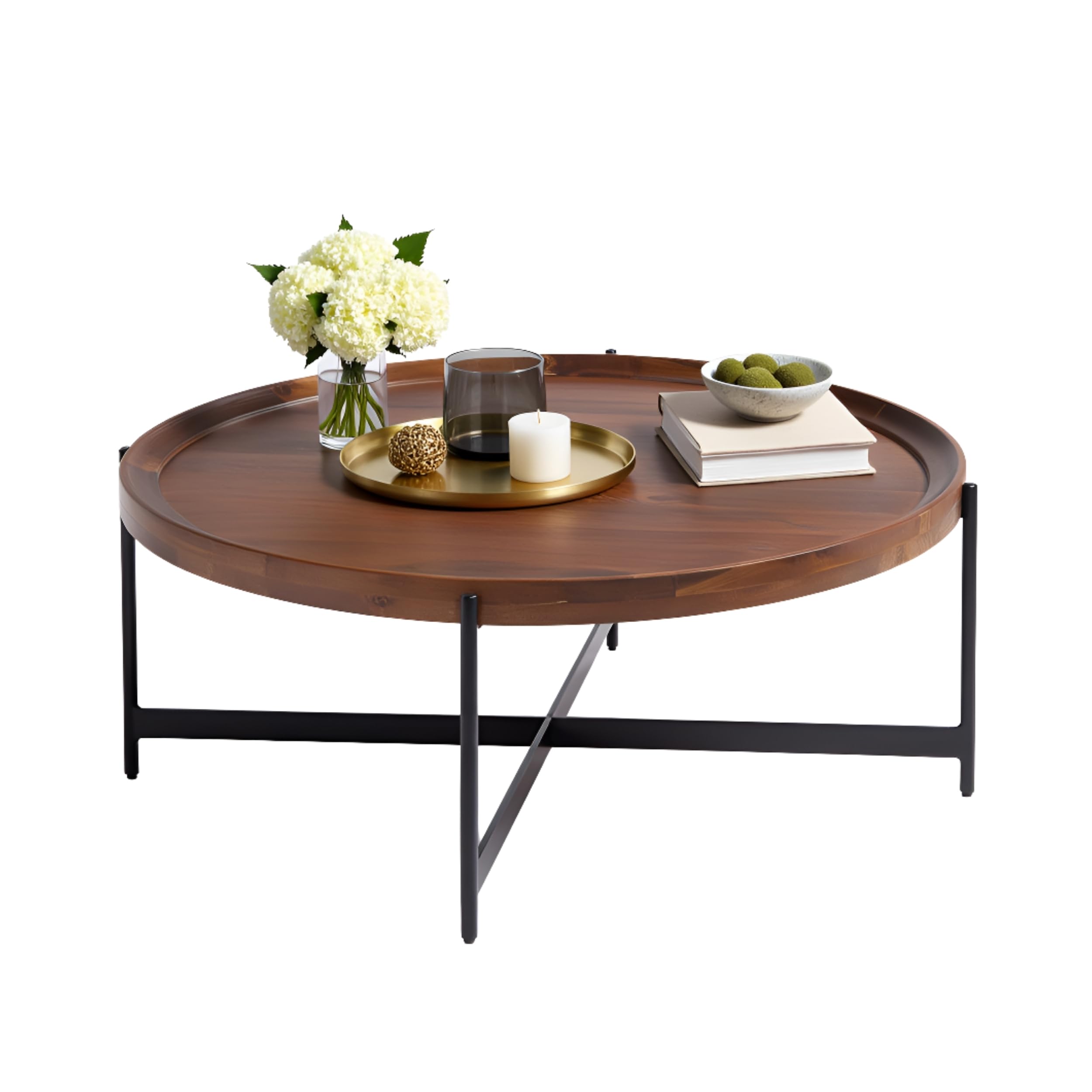 Photo 1 of **WARPED TOP**Brookline Solid Acacia Wood 42-Inch Round Coffee Table with Black Powder-Coated Metal Legs – Rustic Industrial Modern Farmhouse Living Room Furniture by Alaterre