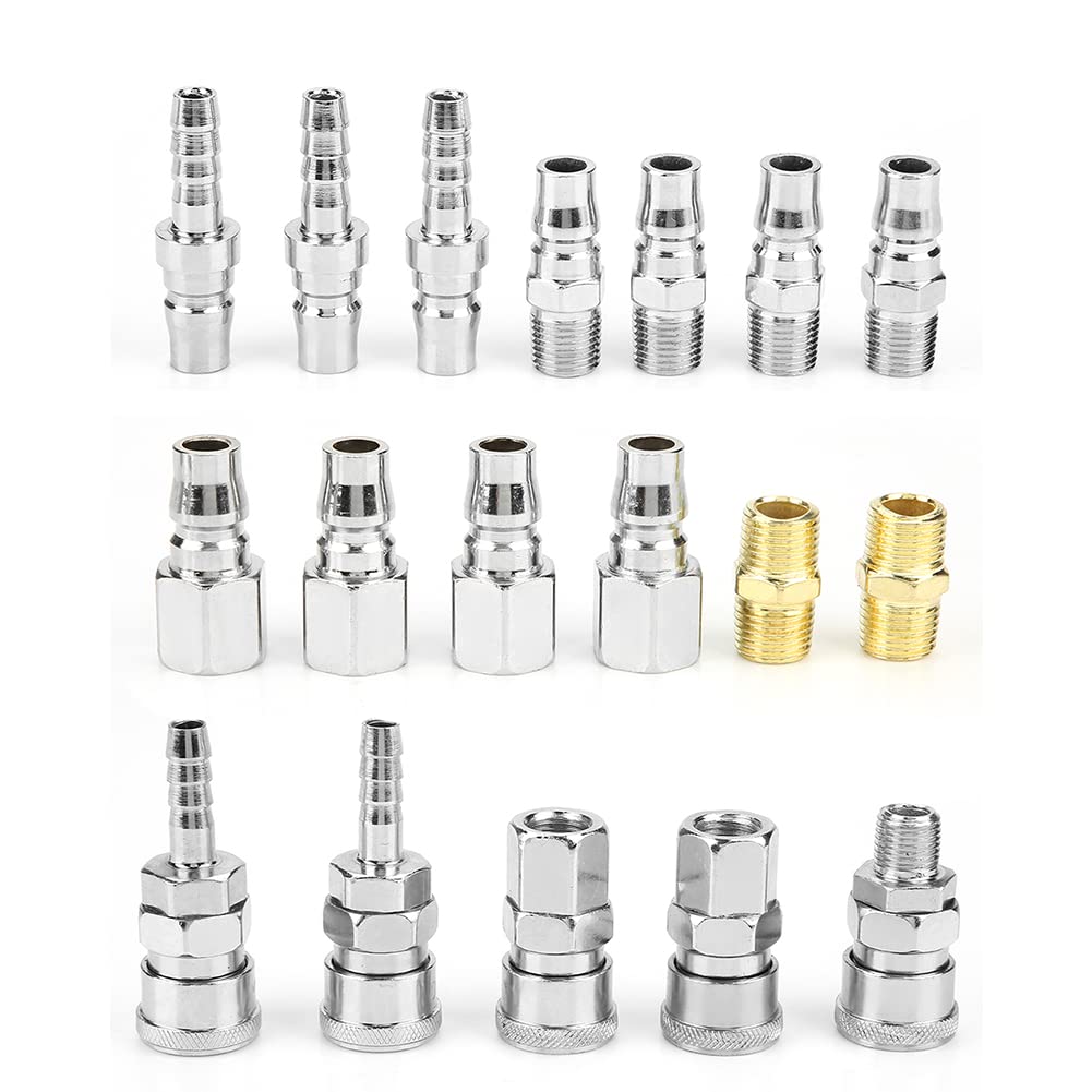 18Pcs Air Compressor Fittings, 1/4" BSP Air Line Hose Euro Connectors Fitting Male Female Thread Quick Release Male Female Connector Fittings Set, Air Compressor Fittings