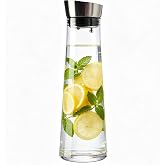 GLASKEY Glass Water Carafe with Lid,1200ml Borosilicate Glass Juice Pitcher with Stainless Steel Gravity Lid,Clear Water Pitcher for Ice Tea, Lemonade, Coffee,Juice Beverage,40 oz