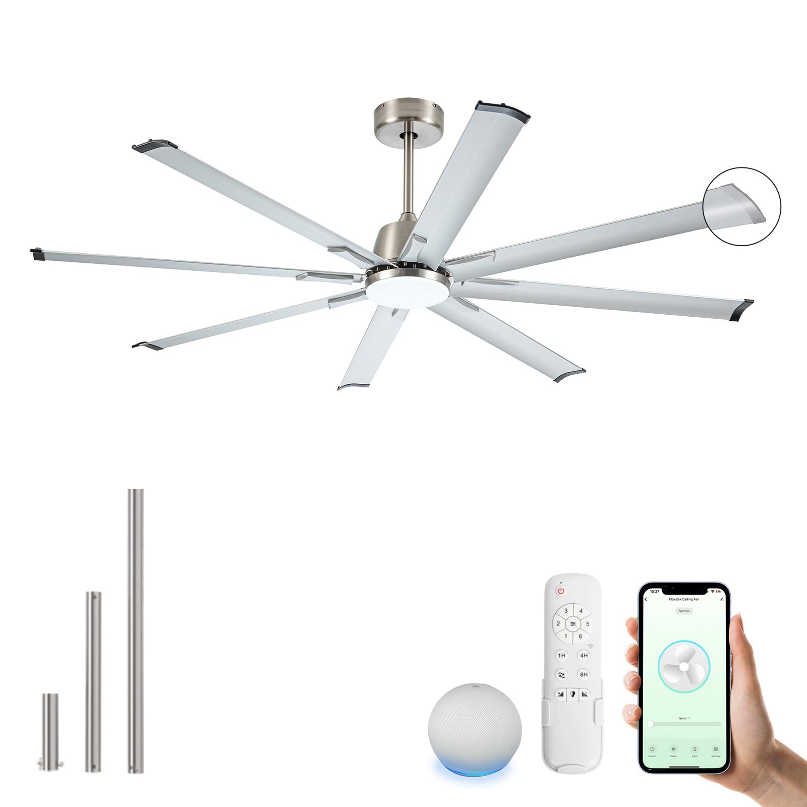 Photo 1 of Maxslak 72 Inch Ceiling Fan with Light,Industrial Ceiling Fan with 8 Nickel Aluminum Blades,Smart Fan Works with Alexa,Garage Outdoor/Indoor Fan for Patio and Living Room