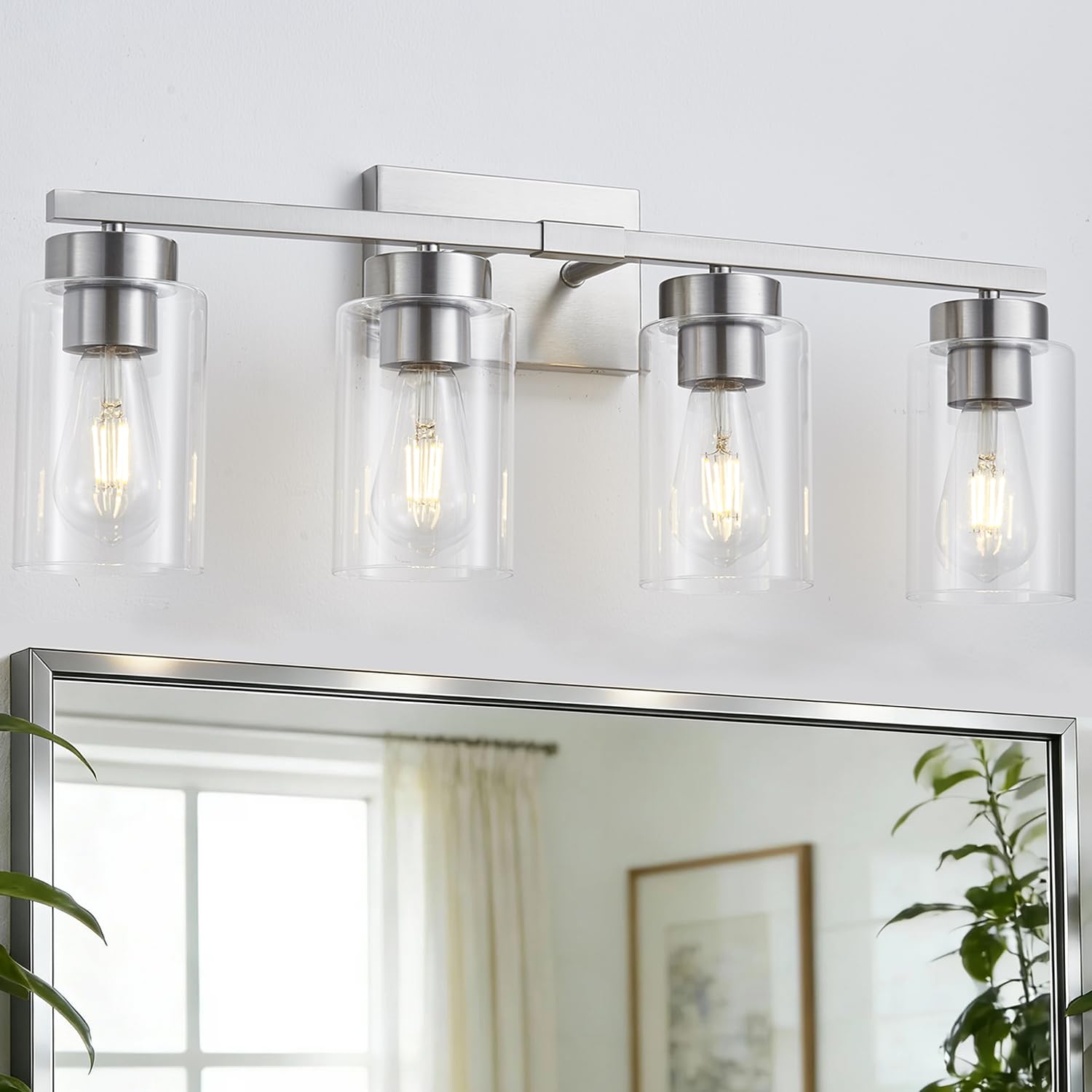 Photo 1 of ***MISSING LIGHT ROD*** A1A9 4-Light Bathroom Light Fixtures, Nickel Modern Vanity Lights Over Mirror, Bathroom Wall Sconces with Clear Glass Shade for Living Room Bedroom Hallway Cabinet Porch