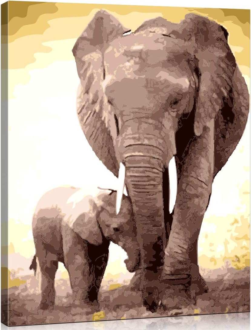 Suntown Wooden Framed Paint by Numbers for Adults and Kids 40 x 50cm Canvas Painting with Brushes and Acrylic Paints - Elephant Father and Son (Canvas is Pre-Mounted)