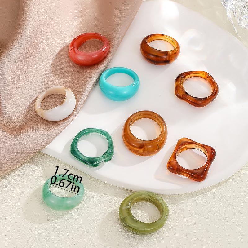 10PCS Bohemian Chunky Knuckle Rings for Women - Colorful Stackable Resin Acrylic Trendy Fashion Jewelry Gift Set