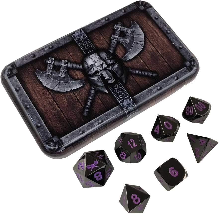 SkullSplitter Dice Metal Dice Solid Metal Polyhedral Role Playing Game (RPG) Dice Set (7 Die in Pack) with Box