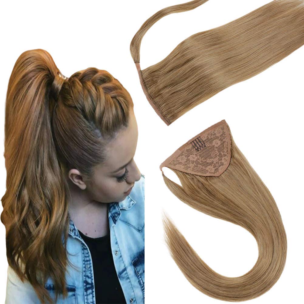 LaaVoo 20inch Clip in Ponytail Extension Wrap Around Pony Tail Human Hair Extensions Salon Quality Remy Straight in Solid Color Light Golden Brown One Piece with One Clip Easy to Wear 100g/Pack #12