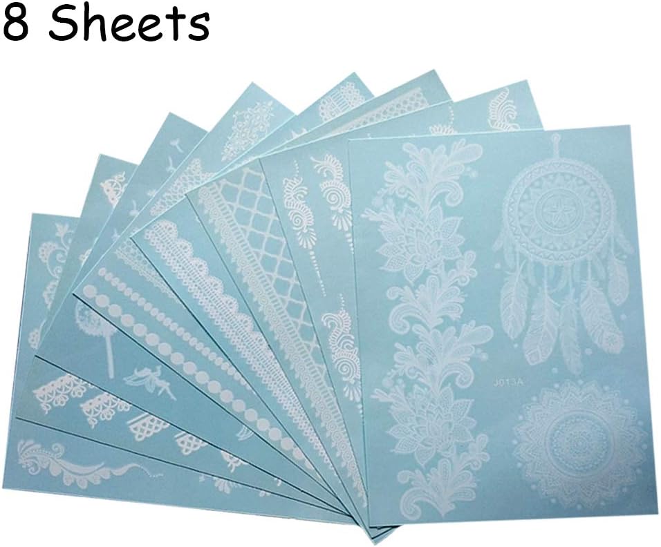 White Temporary Tattoos for Women Girls Henna Tattoo Stickers Fake Body Tattoos 8 Sheets