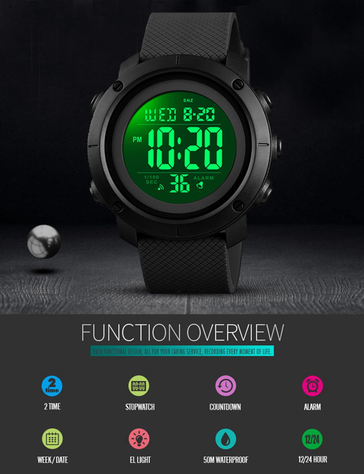 OLAZONE Big Boys Digital Watch Sports Teen Waterproof Military Back Light Watch for Teenagers Boys Ages 11-18 Black