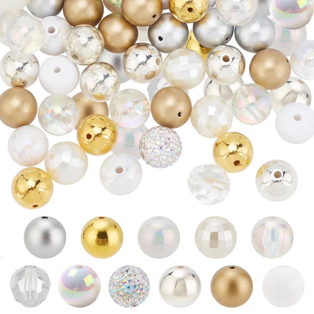 PH PandaHall 102PCS Gold Silver Bubblegum Beads,16mm Acrylic Chunk Bead Large Rhinestone Pearl Bead White Round Beads for Christmas DIY Pen Phone Chain Key Chain Car Hanging