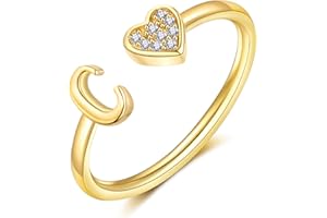 WFYOU Heart Initial Ring for Women Teen Girls Silver Rose Gold Plated Heart Capital Letter Initial Rings Stackable Rings for Women Girls Adjustable Heart Alphabet Letter Rings Jewelry Gifts for Women