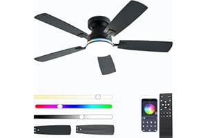 Ayaoty Ceiling Fans with Lights, 48 inch Low Profile Ceiling Fan with Light and Remote Control, Flush Mount RGB Dimmable Light, Noiseless, Black Ceiling Fan for Bedroom Indoor/Outdoor Use
