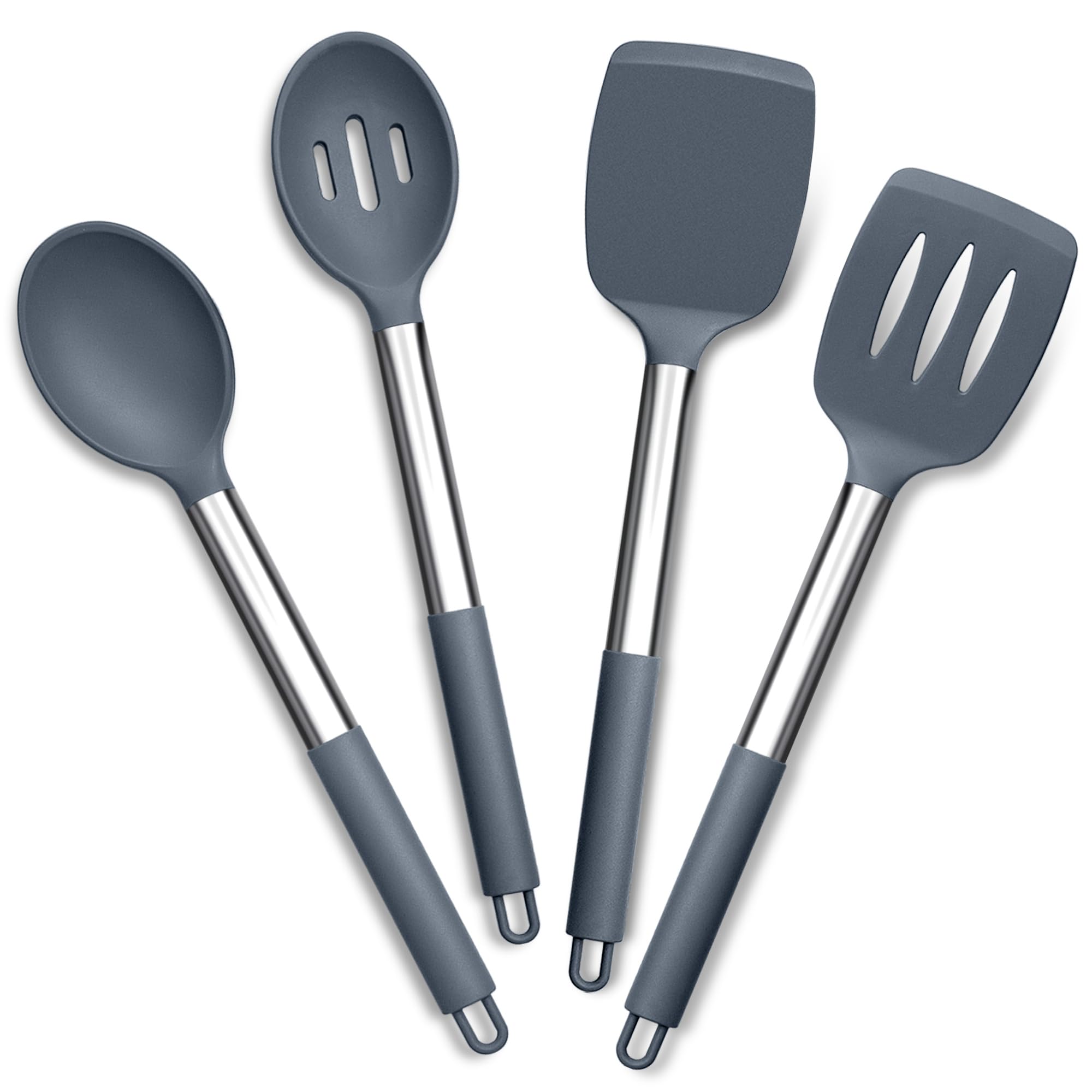 Joyfair Kitchen Utensils Set, 4 Pack Silicone Cooking Utensils Set, Non Stick Stainless Steel Spatula Turner Spoon Ideal for Cooking Mixing Serving Stirring, Heat Resistant & Dishwasher Safe, Grey