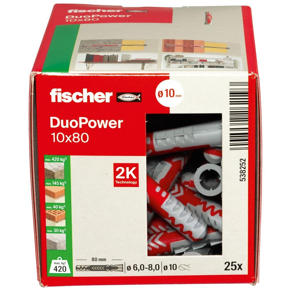 fischer DuoPower 10 x 80, Universaldübel, leistungsstarker 2-Komponenten-Dübel, Kunststoffdübel zur Befestigung in Beton, Ziegeln, Stein, Gipsbauplatten uvm., ohne Schrauben, 25 Stück 2