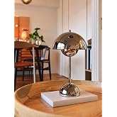 CYGGLL Flower Bud Lamp, Cordless Rechargeable Mushroom Table Lamp, Chrome | 5100mAh battery, magnetic USB charging, touch dimming, 3W 2700K warm ambient light for bedside, dining and living spaces