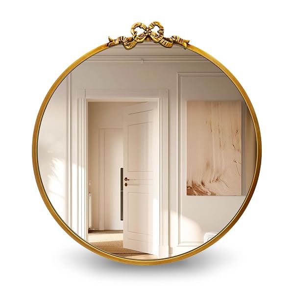 TOPCITY VINTAGE ROUND GOLD BOW MIRROR: 20″ ANTIQUE BATHROOM VANITY MIRRORS WITH METAL FRAME – BAROQUE ORNATE FOR ENTRYWAY/BEDROOM/HALLWAY/FIREPLACE- HOME WALL DECOR FOR LIVING ROOM