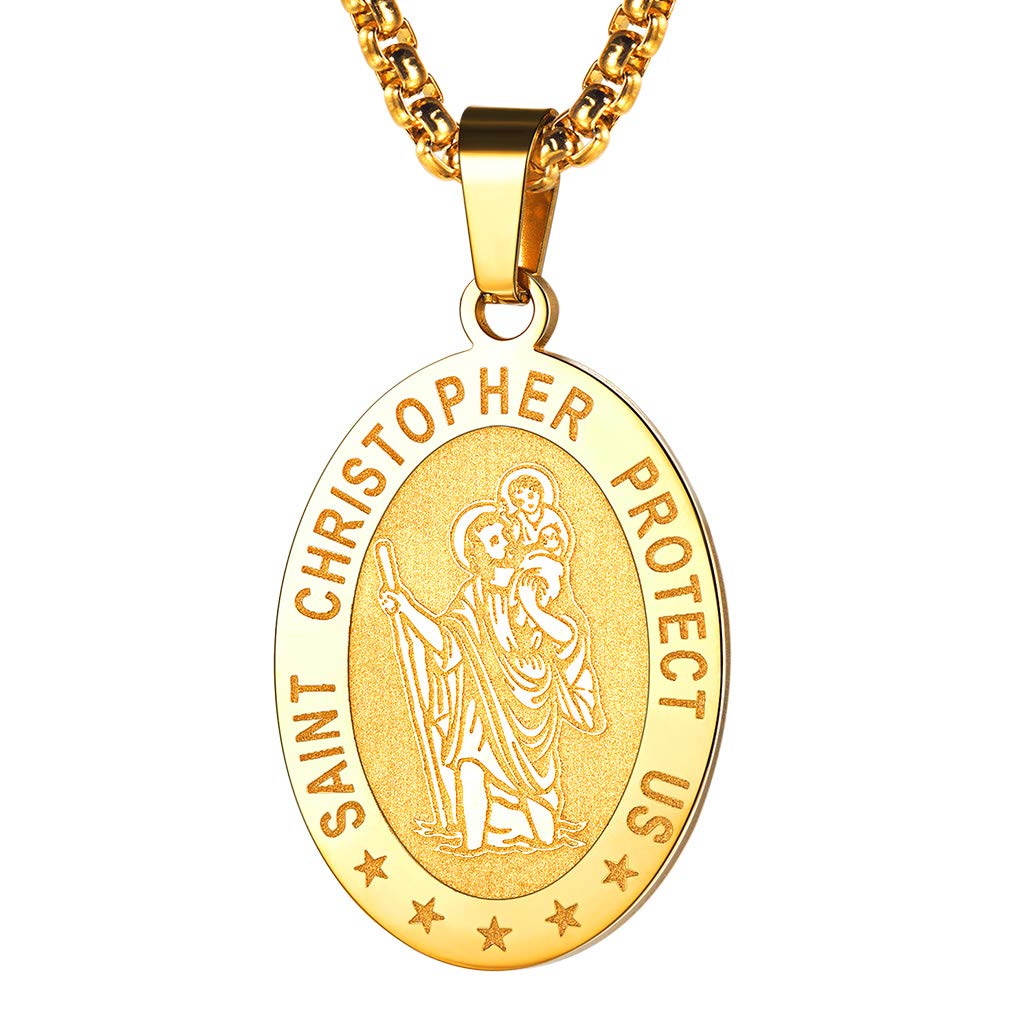 FaithHeart Gold Plated Saint Christopher Pendant Necklace for Ladies Patron Saints of Drivers Medal Christian Jewellery Stainless Steel Catholic Necklaces Religious Gift for Baptism