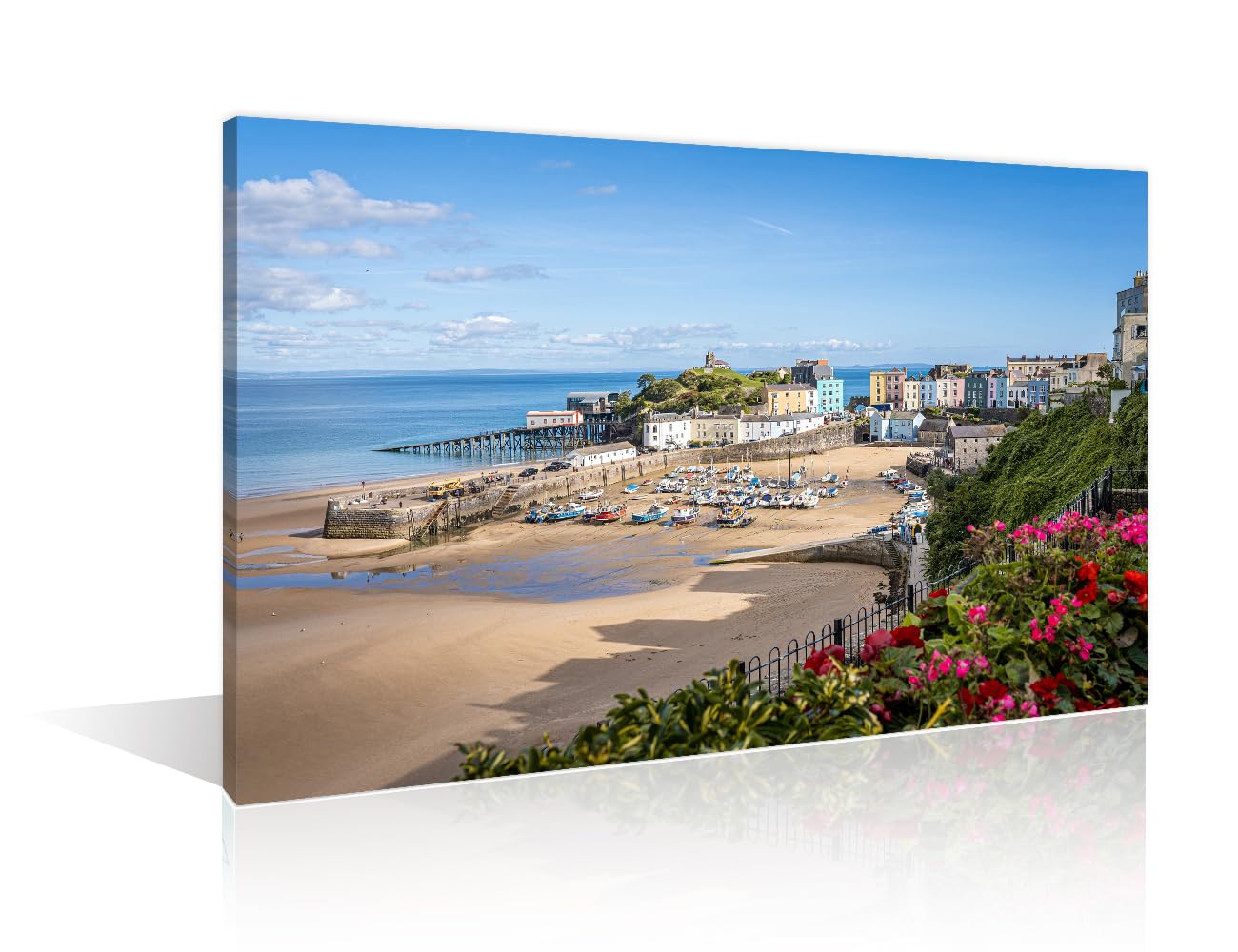 Tenby Harbour Pembrokeshire Wales Wall Decor Posters and Prints 1 Panels Colorful Buildings of Popular Welsh Resort Wall Decor for Bedroom Modern Home Decor Framed Ready to Hang (16''Wx 24''H)