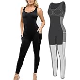 Popilush Shapewear Workout Jumpsuit for Women - Built In Shapewear Square Neck Romper with Pocket Bodysuit for Women