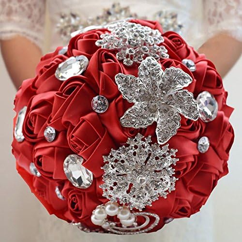 Ziye Shop Luxury Handmade Romantic Wedding Bride Holding Bouquet Silk Roses with Diamond Pearl Ribbon Valentine's Day Bouquet Confession (Red)