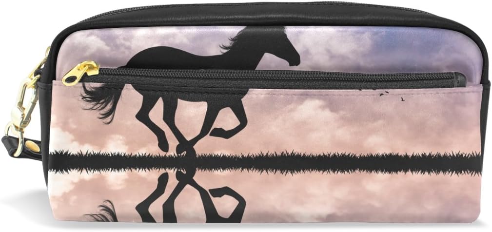 TIZORAX Horse Silhouette at Sunset Pencil Case PU Leather Students Stationary Pen Bag Pouch Makeup Cosmetic Bag