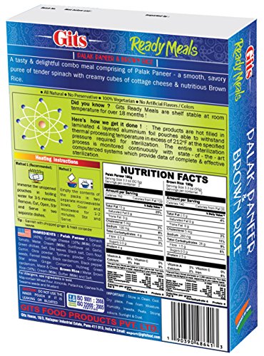 Palak Paneer & Brown Rice (Spinach & Cottage Cheese) Indian Curry - Ready Meals by Gits (Just Heat & Eat) (Pack of 24)