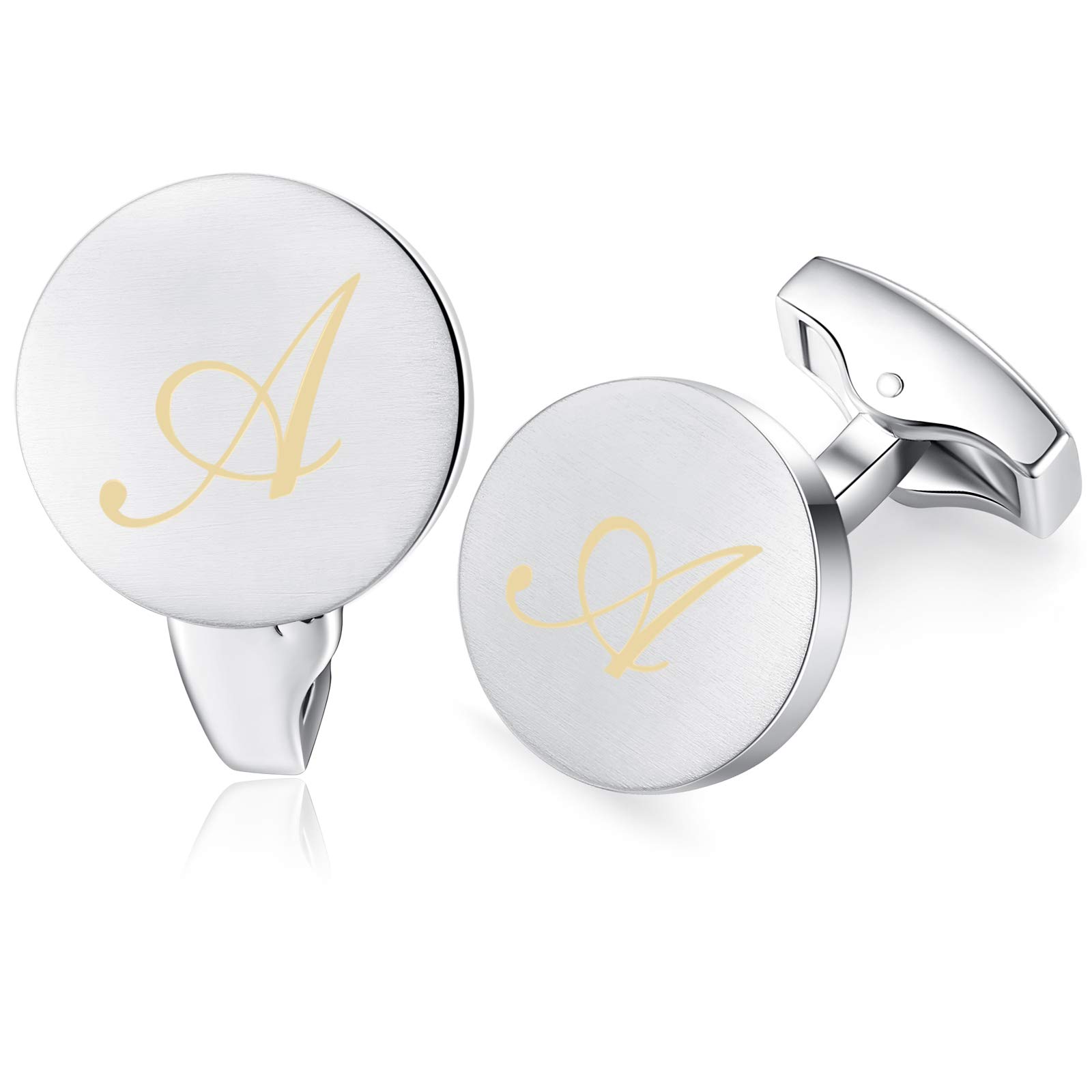 HONEY BEARInitial Alphabet Letter Cufflinks for Men, Round Shape Stainless Steel Wedding Business Gifts Silver Gold A - Z
