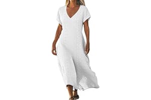 Frostluinai Eyelet Dresses for Women Summer Short Sleeve V Neck Maxi Dress Loose Comfy Flowy Swing Beach Sundress