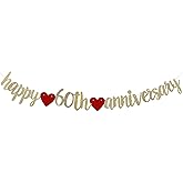 Happy 60TH Anniversary Banner Sign Gold Paper Glitter Party Decorations for 60TH Wedding Anniversary Party Supplies Letters Gold Pre-Strung