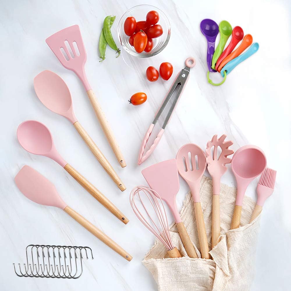 28 Pcs Kitchen Utensil Set, STRAWBLEAG 12 Pcs Non-Scratch Silicone Cooking Kitchen Utensils Set with 5 Pcs Measuring Spoons and 11 Pcs Hook, Heat Resistant Wooden Handle Cooking Utensil Set (Pink): Kitchen & Dining