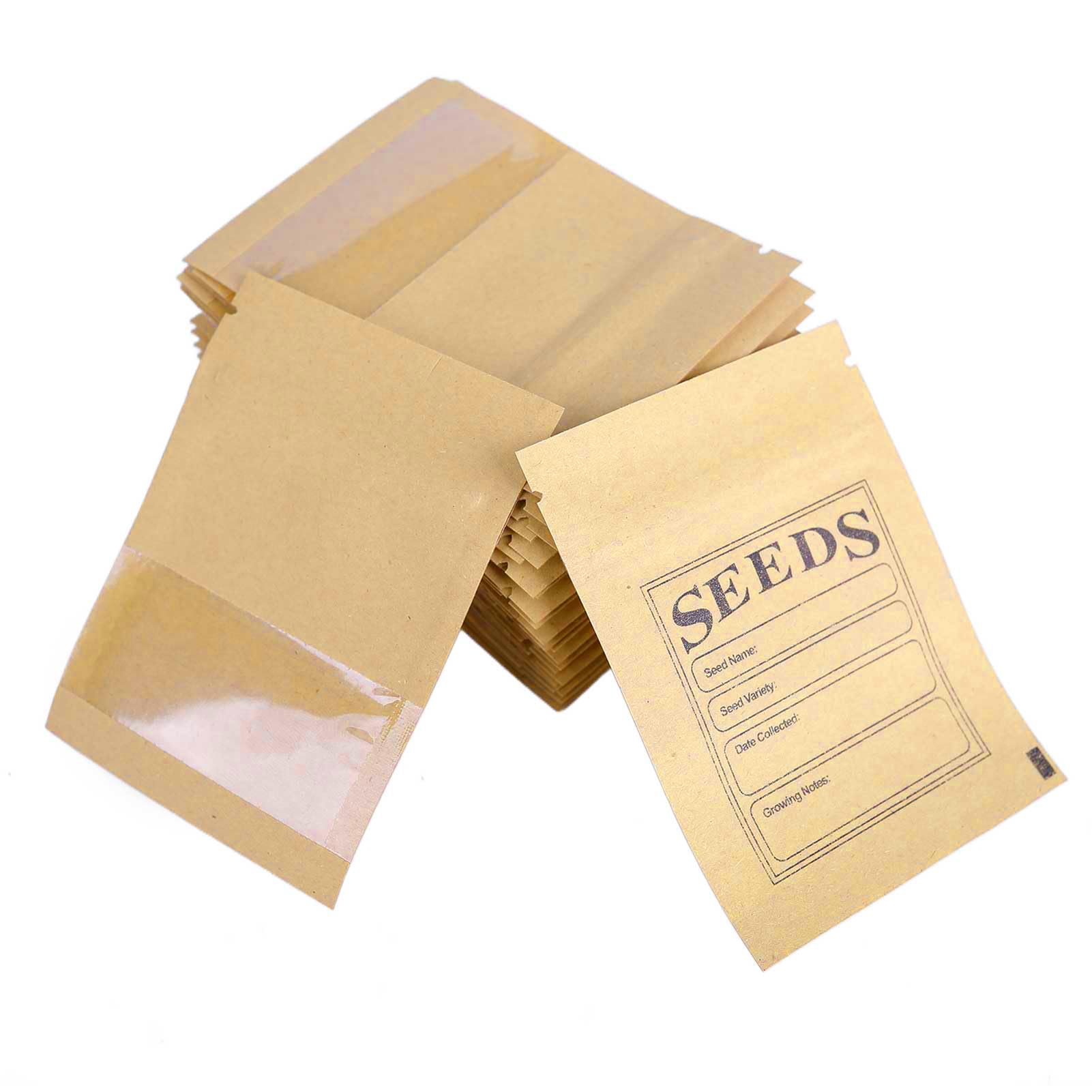 WACCOMT Pack 100pcs Small Resealable Bags Seed Envelopes with Clear Window 2.75x3.74 inch Brown Zipper Lock Kraft Paper Seed Packets Coin Envelopes for Flower Vegetable Plants Garden Storage