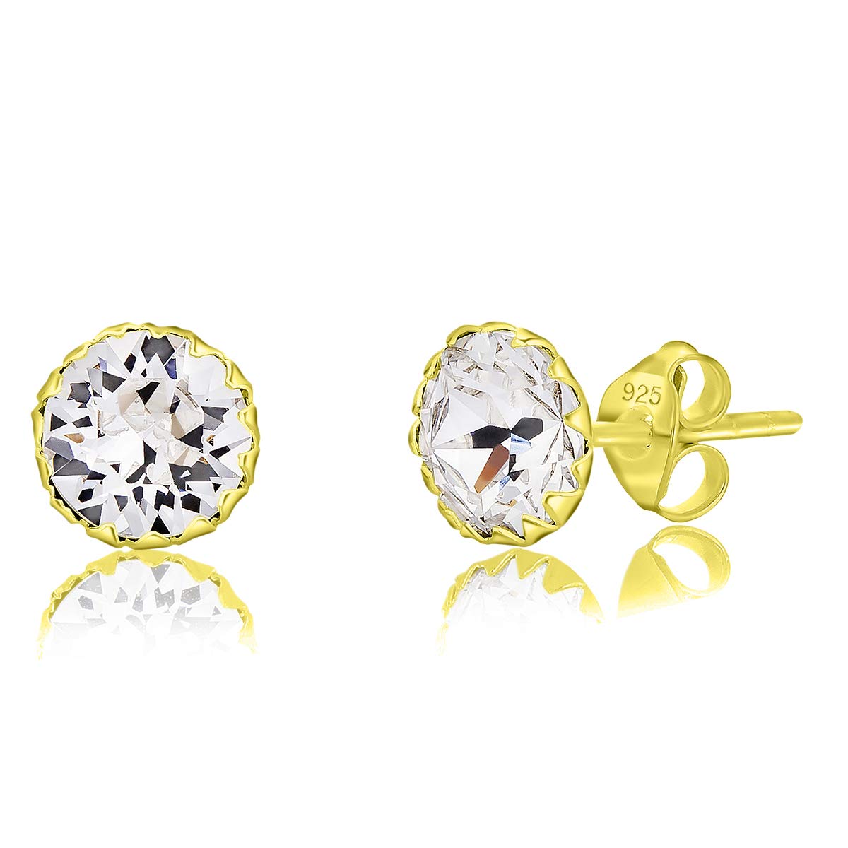 DTPSilver - 925 Sterling Silver Yellow Gold Plated Round Stud Earrings made with Glittering Crystals from Swarovski® Elements - Diameter: 6 mm - Colour : Clear Crystal