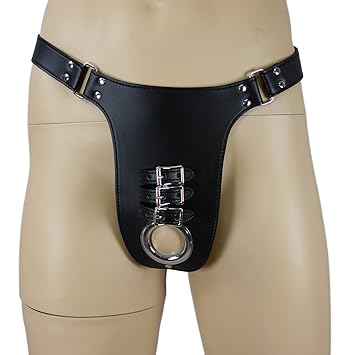 SEE-X® Penisfessel Tanga, Herren Slip mit Penisring Hodenring Öffnung und 3 Penis-Fessel Schnallen, Bondage BDSM Gürtel Leder