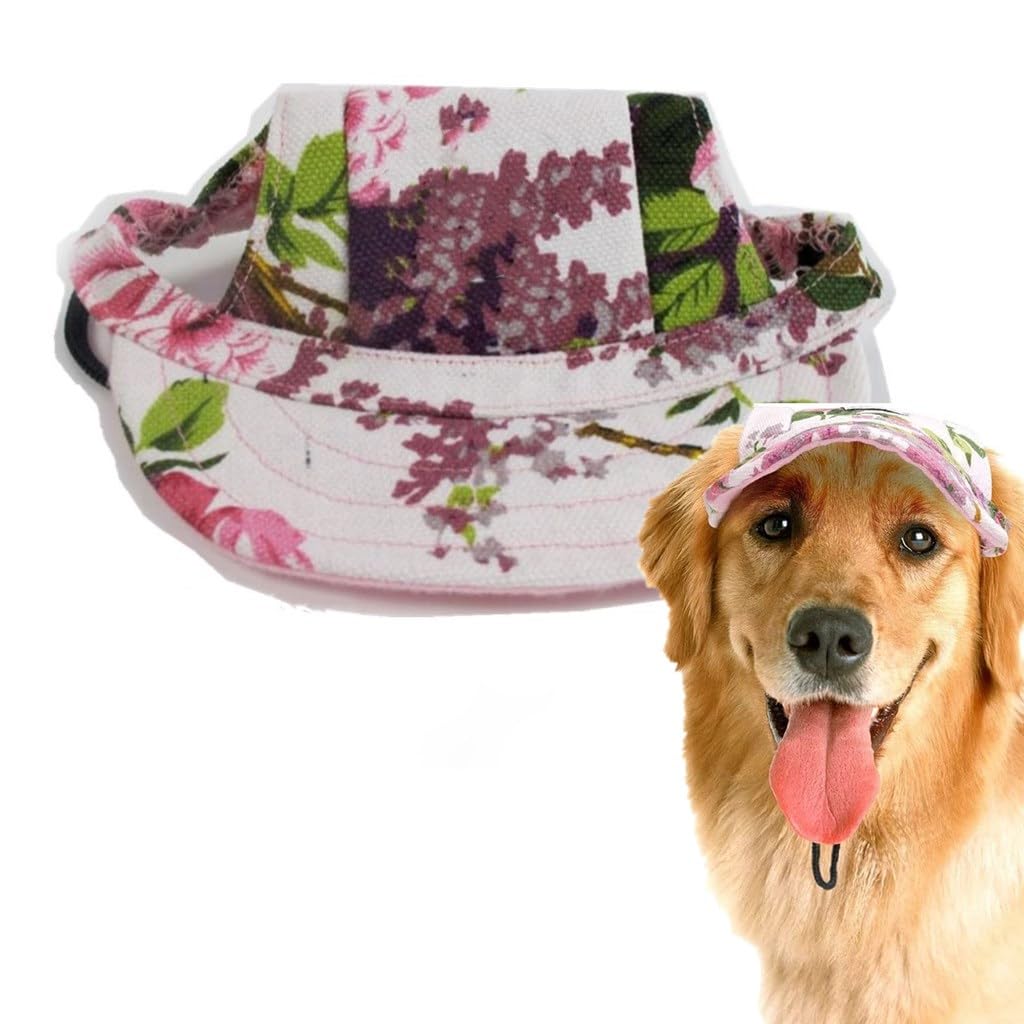 Voarge Dog Baseball Cap, Sun Hat Canvas Visor Cap with Ear Holes for small Medium and Large Dogs in Outdoor Sun Protection, Flower, M