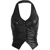 Floerns Women's PU Leather Backless Halter Tops Button Front Ruched Sleeveless Party Club Tank Top