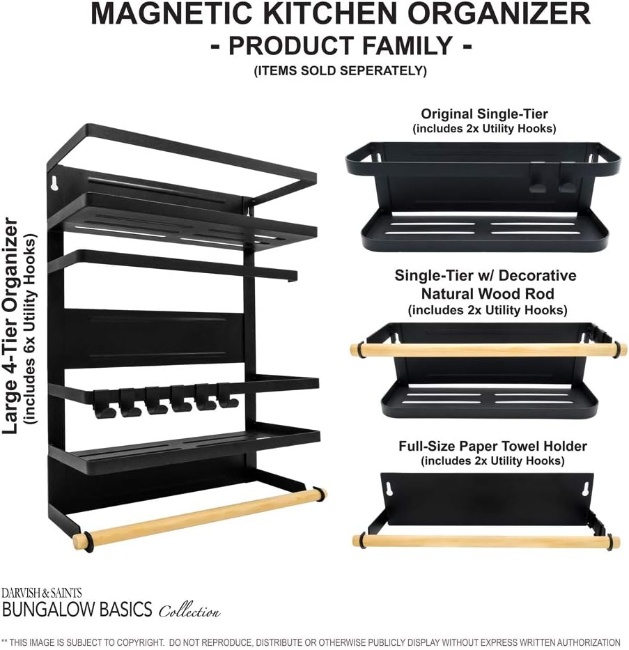 Darvish & Saints Magnetic Fridge Spice Rack Organizer [Large with 6 Utility Hooks] - 4 Tier Mounted Storage, Paper Towel Roll Holder, Kitchen Shelves, Pantry Wall, Laundry Room, Dorm, Garage [Black]: Home Improvement