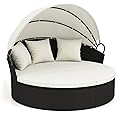 RELAX4LIFE Round Outdoor Daybed with Canopy - Wicker Rattan Sectional Sofa Sunbed w/Cushions & 3 Pillows, Clamshell Conversation Lounger Separated Seating Set for Garden Porch, Patio Day Bed (Beige)