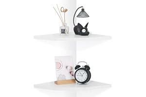 DUICIRX Corner Wall Shelves Set of 2, Rustic Wood Corner Floating Shelves with Cable Raceway, Wall Mount Storage Display for TV Accessories, Baby Monitor, Speaker, Cable Box (White, Diamond- 10 Inch)