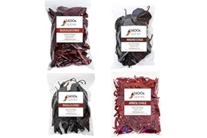 Dried Chiles Peppers 4 Pack Bundle - Chile Guajillo Stemless, Ancho, Pasilla and Arbol by 1400s Spices