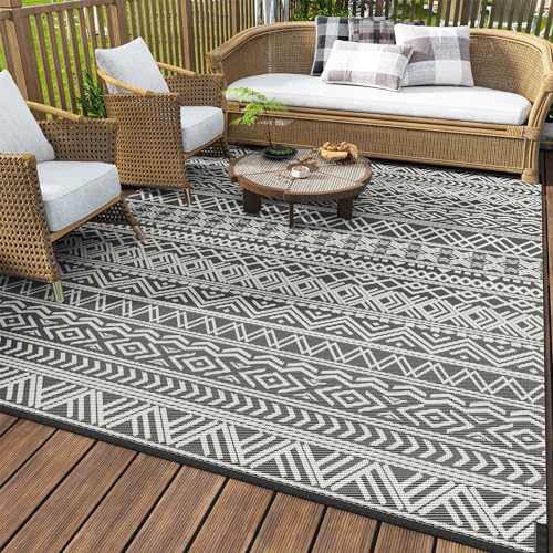 MontVoo Outdoor Patio Rug 8x10 Boho Grey