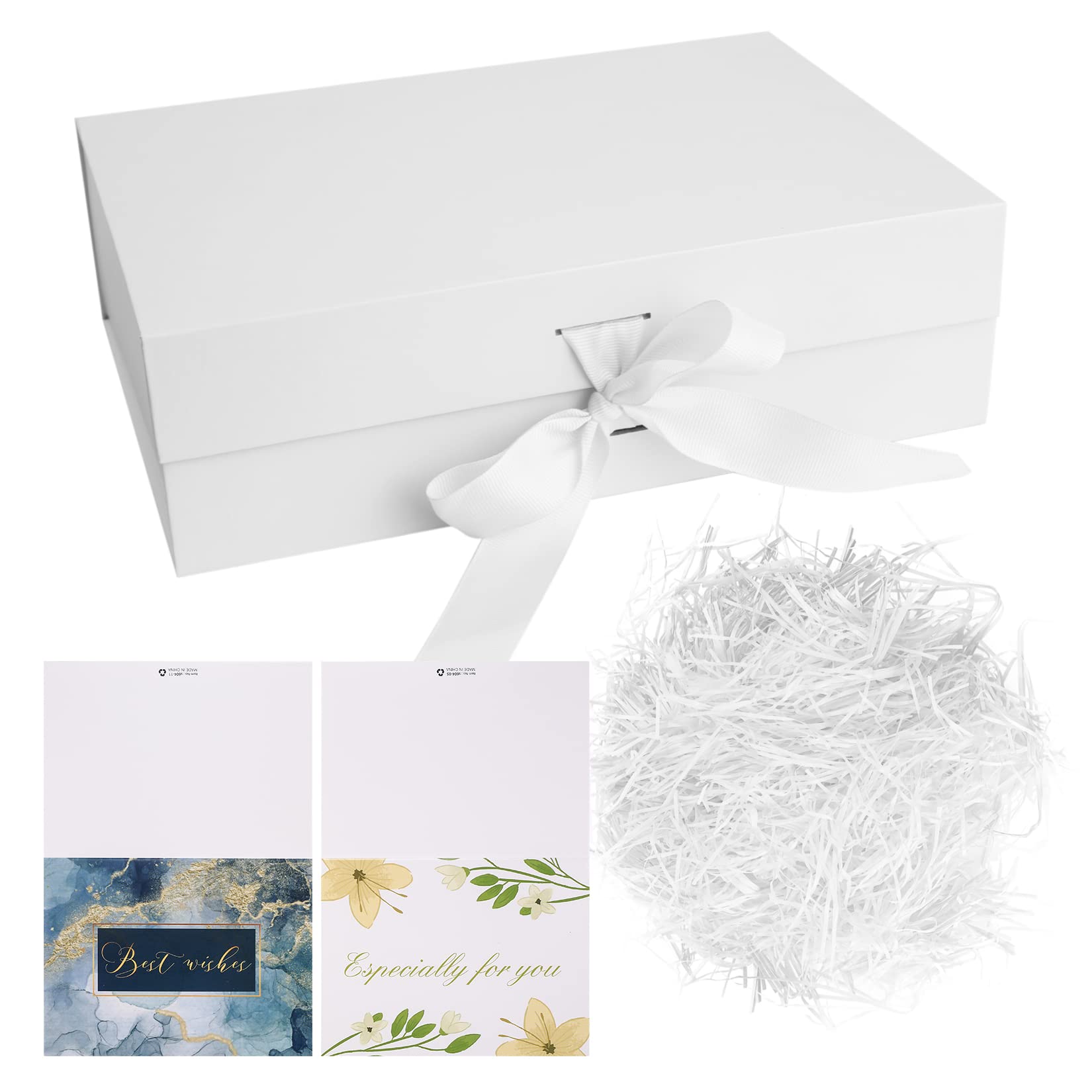 Christmas White Gift Box with Ribbon, Luxury Magnetic Boxes with Lids, 26x19x8 cm, Large Rectangle Gift Box for Birthdays, Presentation, Shredded Paper, Cards, Premium Decorative Packaging
