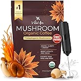 Vital Ace Mushroom Coffee with 7 Adaptogenic Mushroom | USDA Organic Enhanced Energy, Focus and Immunity with Cordyceps, Reishi, Shiitake, Lion's Mane & Turkey Tail | 30 Servings + Free FROTHER