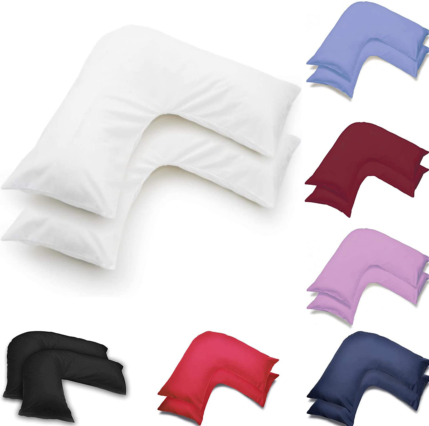 US Fabrics Pack Of Two Orthopedic V Shaped Pillow Case Cover | Orthopedic/Pregnancy/Maternity/Nursing Pillow Cases | UK V-Shaped Pillowcase Pair (White)