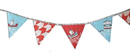 Fabric bunting triangle flags decoration set for kids room. This Silverlinen Red & Blue Sea and Ships cloth bunting is double sided made from 100% Cotton and is a durable product for everyday use. The colourful designs are loved by baby and kids of all ages and can be great at any party occasions.